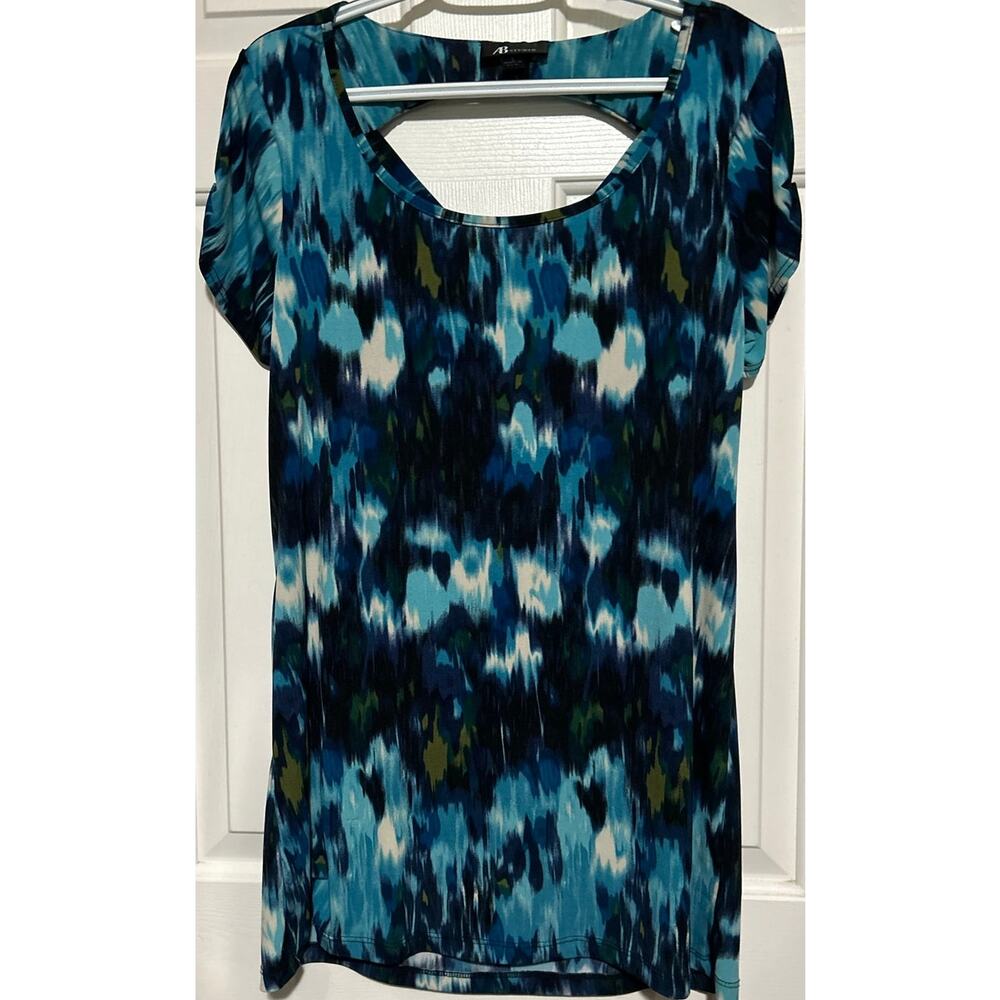 ABstudio Women's Blue Black Splashed Cap Sleeve Blouse Size‎ L